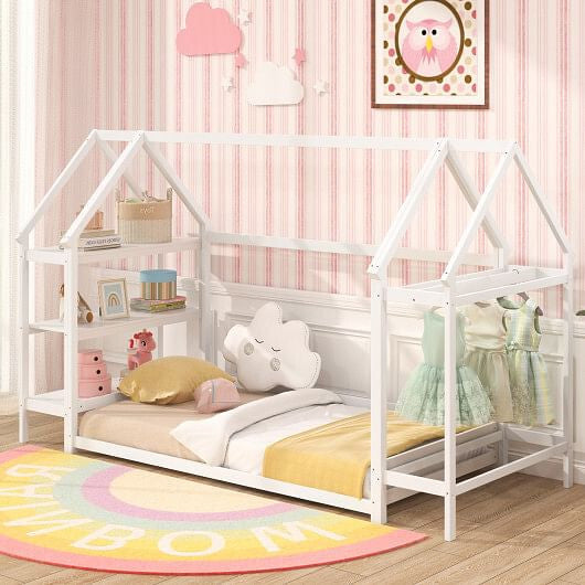Twin Size Montessori Floor House Bed with Detachable Storage Shelves-Grey