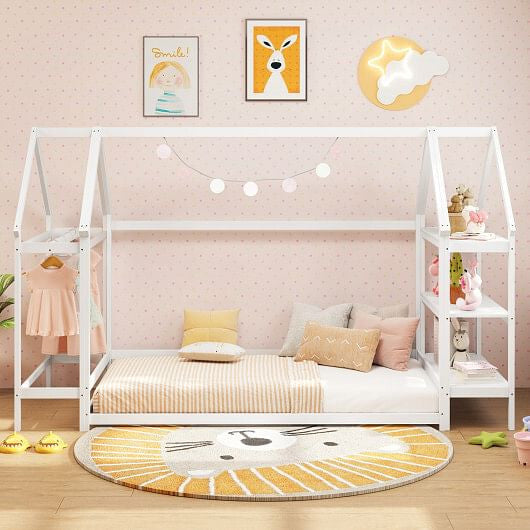 Twin Size Montessori Floor House Bed with Detachable Storage Shelves-Grey