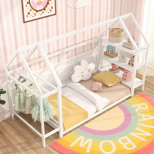 Twin Size Montessori Floor House Bed with Detachable Storage Shelves-Grey