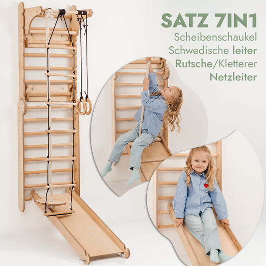 8in1 Kletterwand Indoor: Sprossenwand, Gymnastikringe, Hängende Leiter, Disc-Schaukel, Rutsche, Klimmzugstange, Maltafel und Kinderstuhl für Kinder – Beige